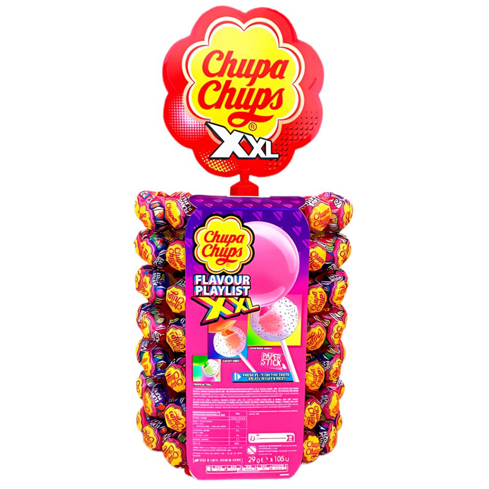 Chupa Chups XXL Playlist, Lutscher mit Kaugummi-Füllung, gemischte Geschmacksrichtungen, 29g (Packung mit 105) 