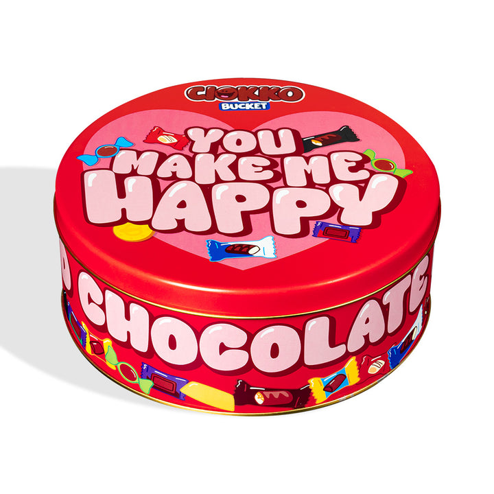 Ciokko Bucket “Du machst mich glücklich”, 1 kg Dose Pralinen zum Zusammenstellen mit den Lieblingsgeschmäckern deines Partners 