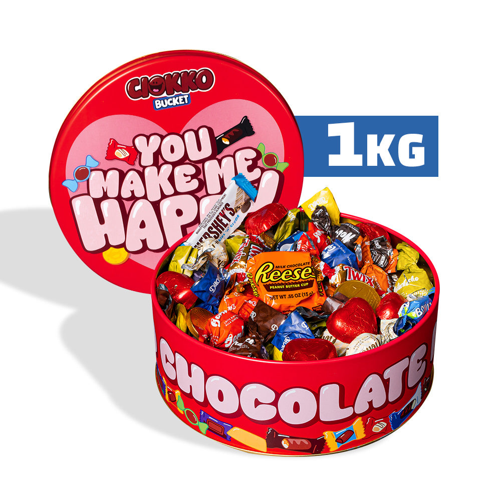 Ciokko Bucket “Du machst mich glücklich”, 1 kg Dose Pralinen zum Zusammenstellen mit den Lieblingsgeschmäckern deines Partners 