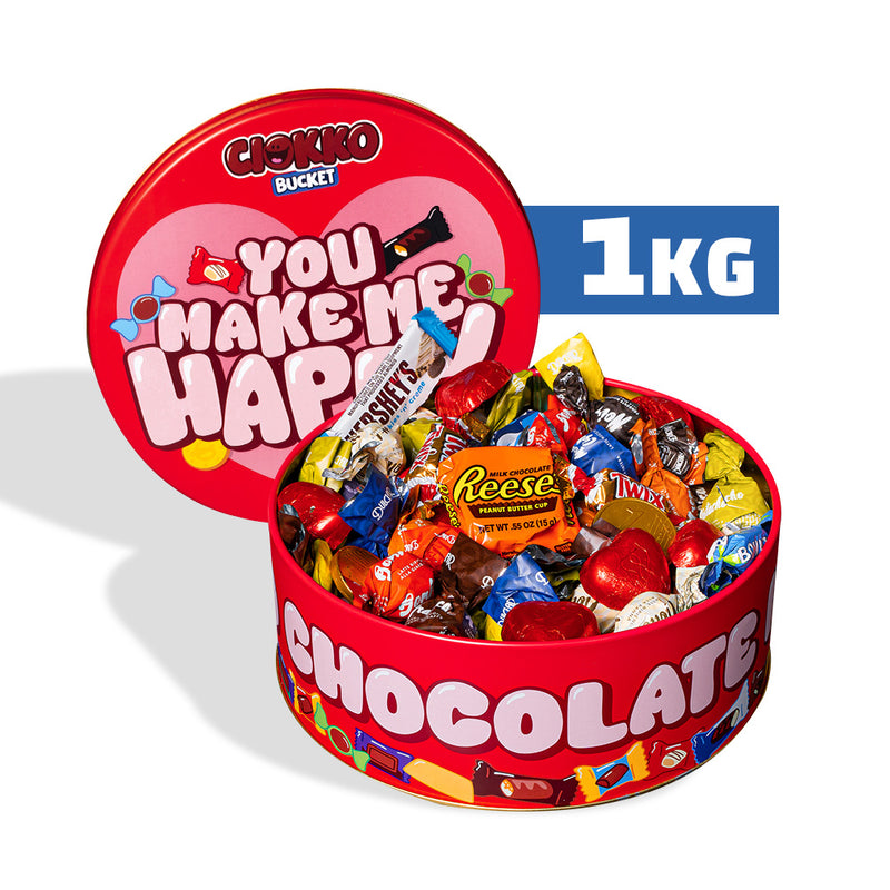 Ciokko Bucket „Du machst mich glücklich“, 1 kg Dose Pralinen, die mit den Lieblingsgeschmäckern deines Partners zusammengestellt werden kann 