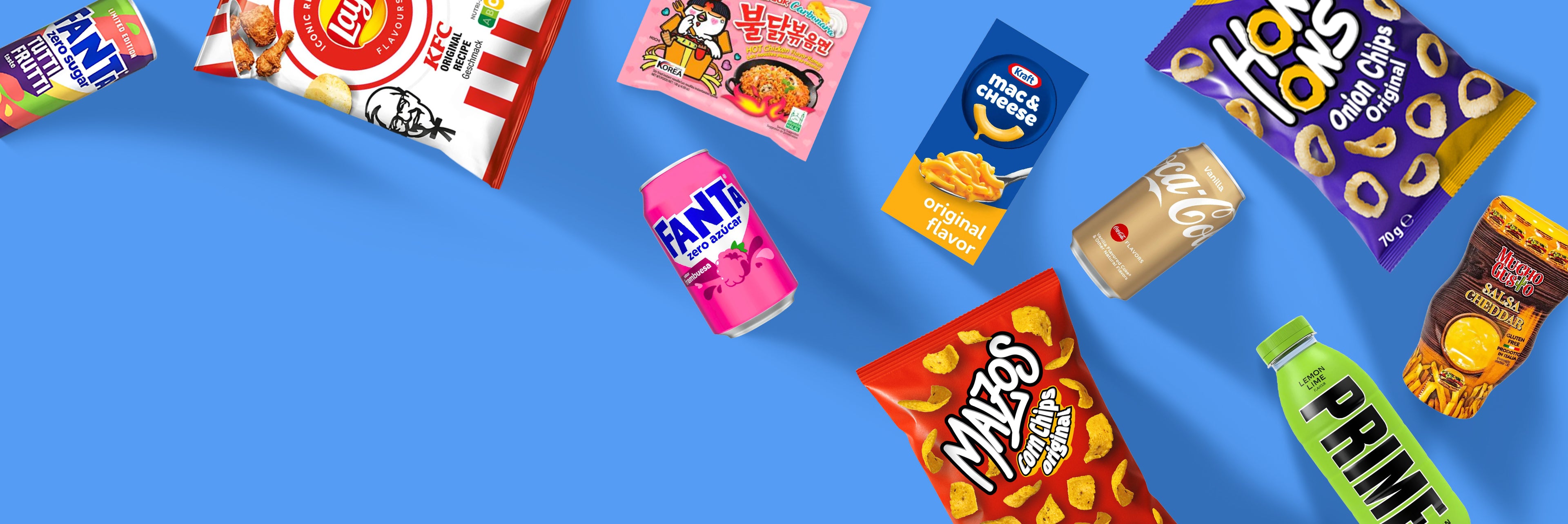 Banner di prodotti misti tra salato, bevande e dolci