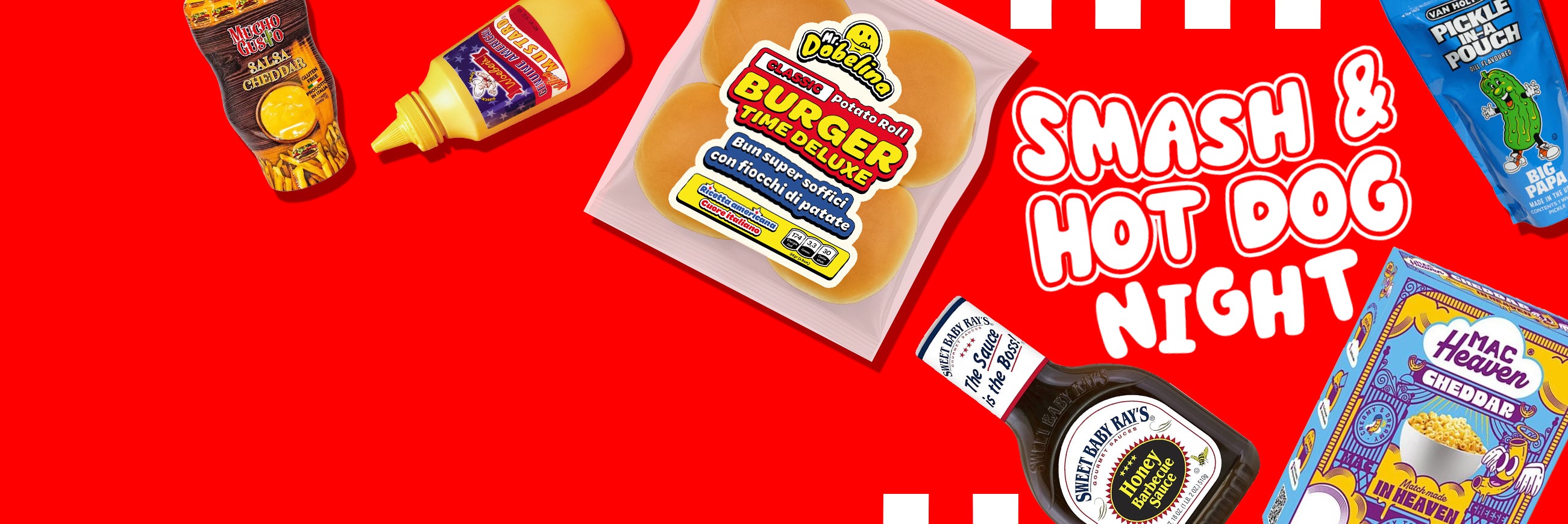 Banner Smash and Hot Dog Night con prodotti come panini, cetrioli e salse