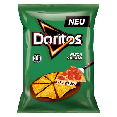 Confezione da 110g snack di mais al gusto di pizza salami Doritos.