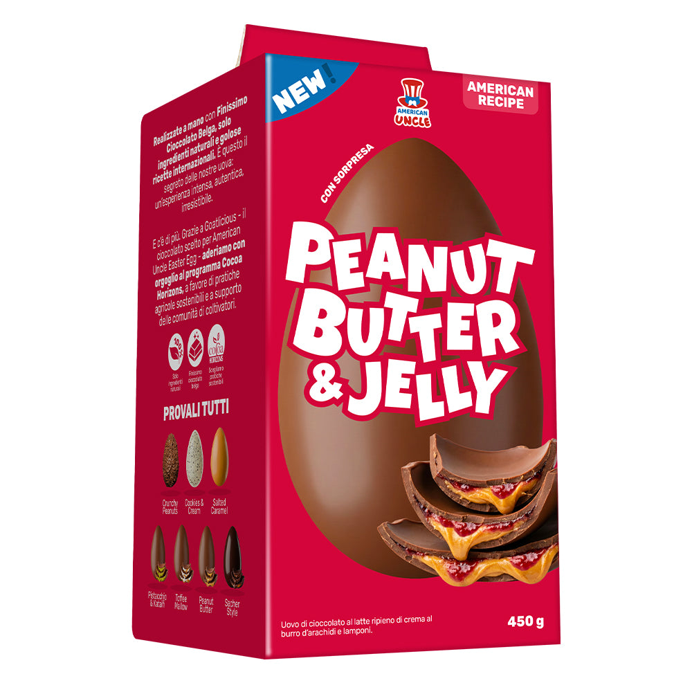 450g Oster-Ei aus Schokolade mit Erdnussbutter- und Himbeermarmeladenfüllung, American Uncle Egg Peanut butter & Jelly