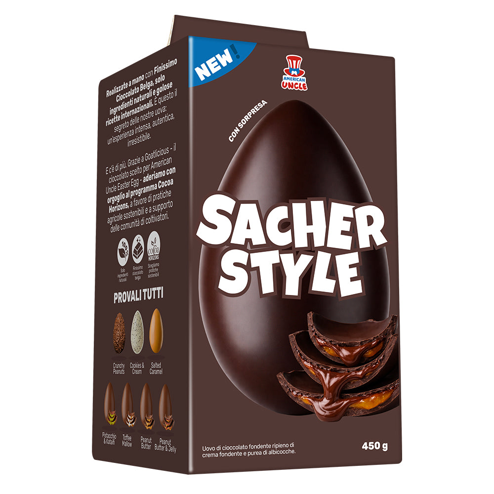 Osterei 450g aus Zartbitterschokolade gefüllt mit Aprikosenmarmelade und Zartbitter American Uncle Egg Sacher Style