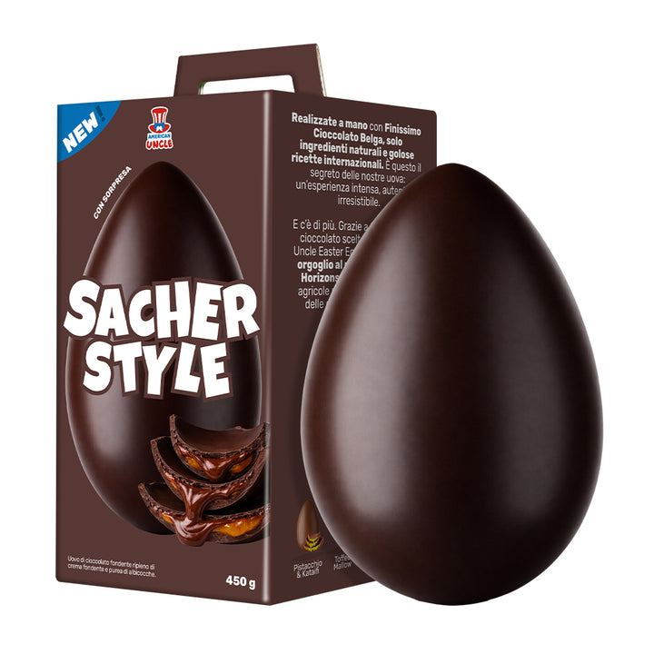 Osterei 450g Sacher-Stil mit Zartbitterhülle und Füllung aus Marmelade und Schokolade