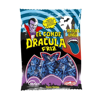 Confezione da 90g, lecca lecca con gomma da masticare al gusto di frutti di bosco El Conde Dracula.