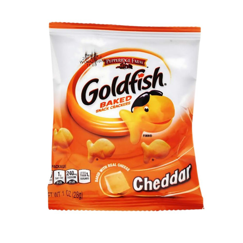 Confezione da 28g, Crackers al gusto di cheddar Goldfish.