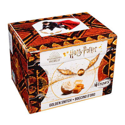 Confezione da 150g, praline di cioccolato bianco al caramello con ripieno al latte e caramello croccante a forma di boccino d'oro Harry Potter.