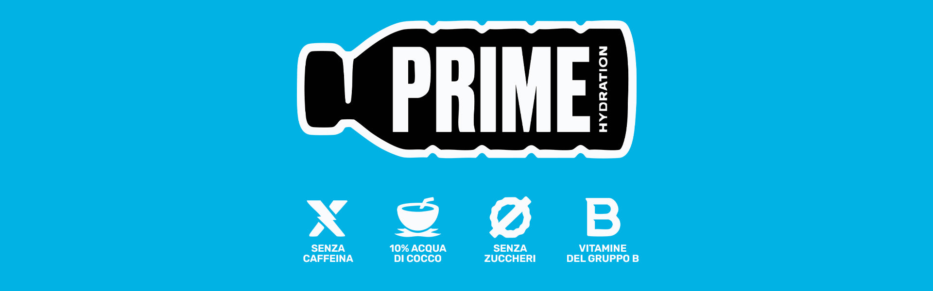 Illustrazione bottiglietta Prime: senza caffeina, 10% acqua di cocco, senza zuccherini, vitamine del gruppo B