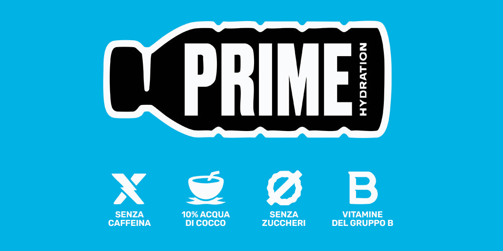 Illustrazione bottiglietta Prime: senza caffeina, 10% acqua di cocco, senza zuccherini, vitamine del gruppo B
