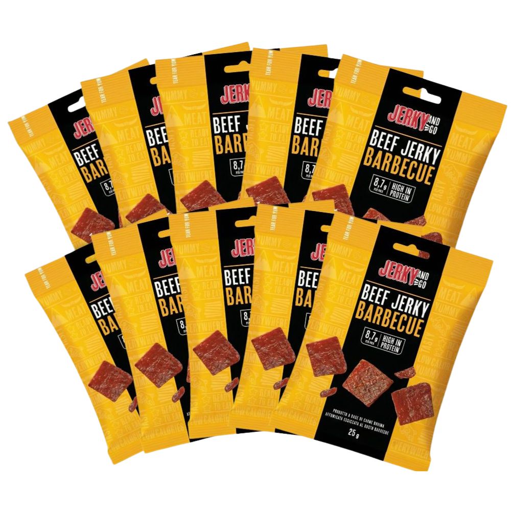 Jerky And Go Beef Jerky Barbecue, snack getrocknetes und geräuchertes Rindfleisch mit Barbecue-Geschmack, 25g (Packung mit 10) 