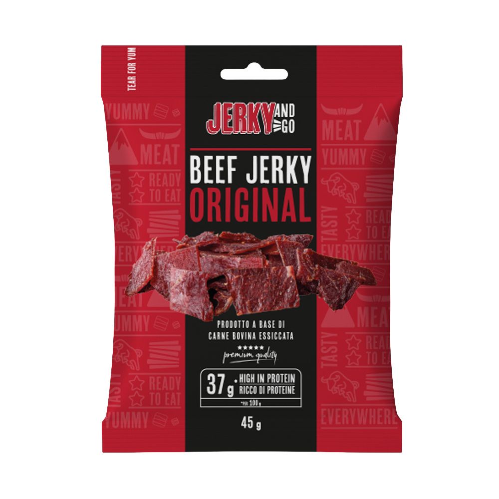 Confezione da 45g di carne secca a base di bovino Jerky and Go Beef Jerky Original