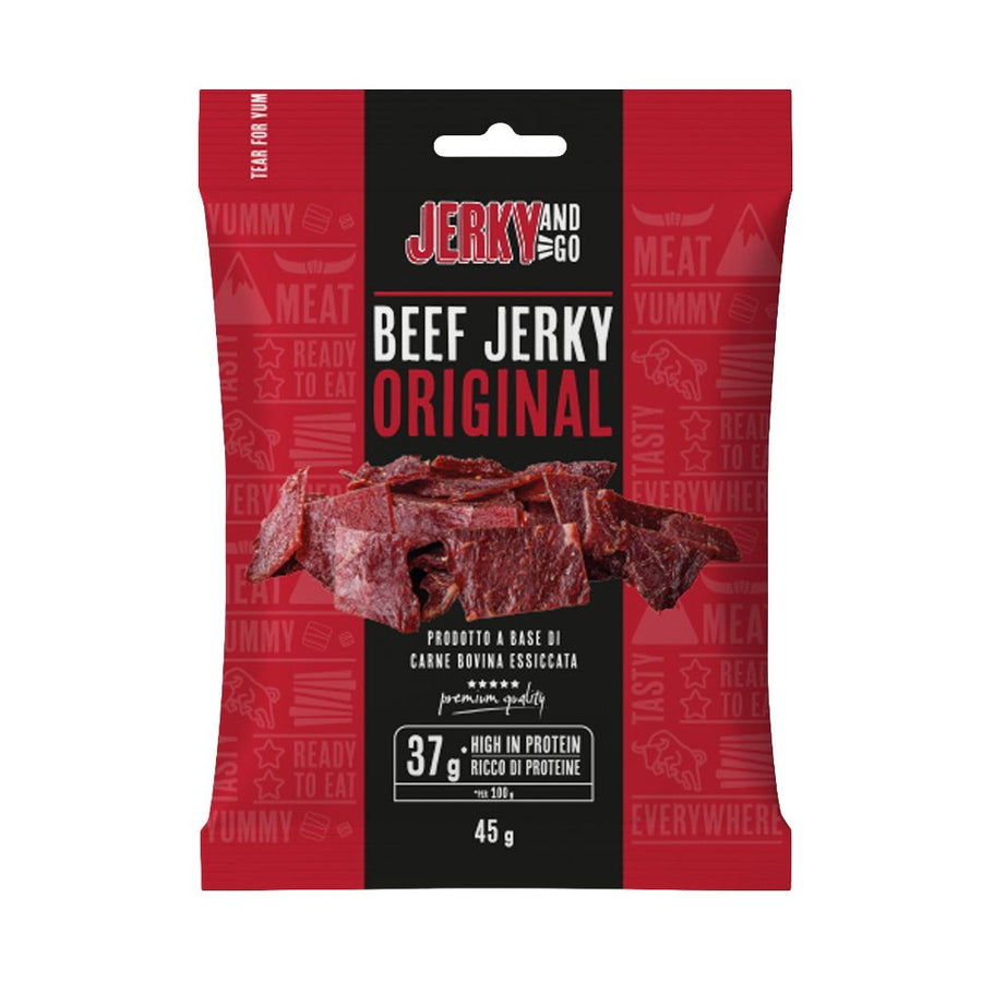 Confezione da 45g di carne secca a base di bovino Jerky and Go Beef Jerky Original