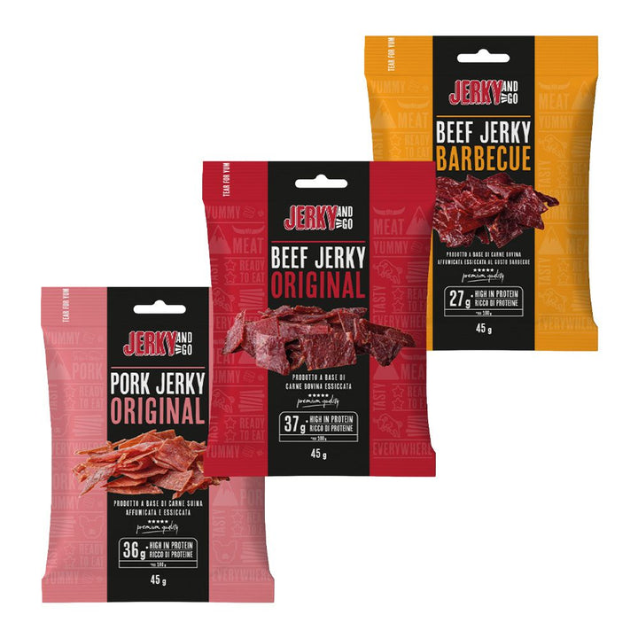 Jerky And Go Mix: Jerky and Go Beef Jerky Original da 45g, Jerky and Go Beef Jerky Barbecue da 45g, Jerky and Go Pork Jerky Original da 45g