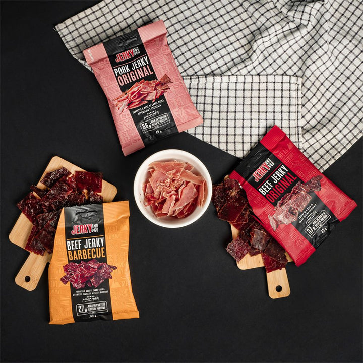 Jerky And Go Mischung: 1 Jerky and Go Beef Jerky Original zu 45g, 1 Jerky and Go Beef Jerky Barbecue zu 45g, 1 Jerky and Go Pork Jerky Original zu 45g 