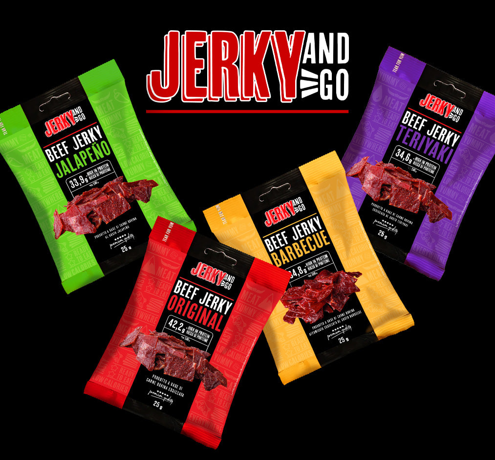 Quattro confezioni di carne secca Jerky and Go nei gusti original, bbq, teriyaki e jalapeno