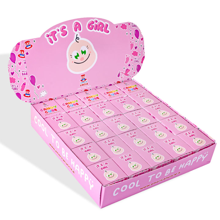Candy Cube Kit “Es ist ein Mädchen”, 50g Gummibärchen-Döschen ideal für die Babyparty oder Geburt (25, 50 oder 75 Stk.) 