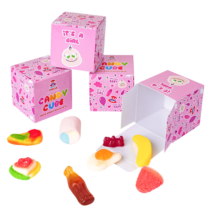 Candy Cube Kit “Es ist ein Mädchen”, 50g Gummibärchen-Döschen ideal für die Babyparty oder Geburt (25, 50 oder 75 Stk.) 