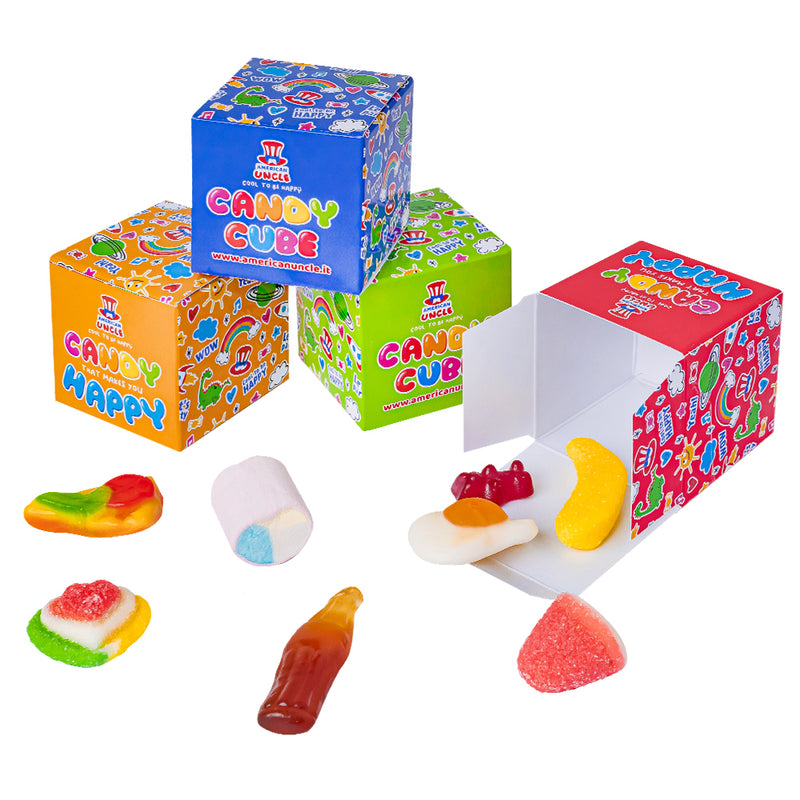 Candy Cube Kit Party, Gummibonbon-Dosen von 50g ideal als Party-Ende-Gadgets (25, 50 oder 75 Stk)