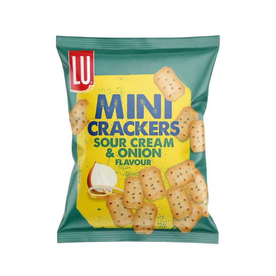 LU Mini Crackers Sour Cream &amp; Onion Flavour, crackers al gusto di panna acida e cipolla da 77,5g.