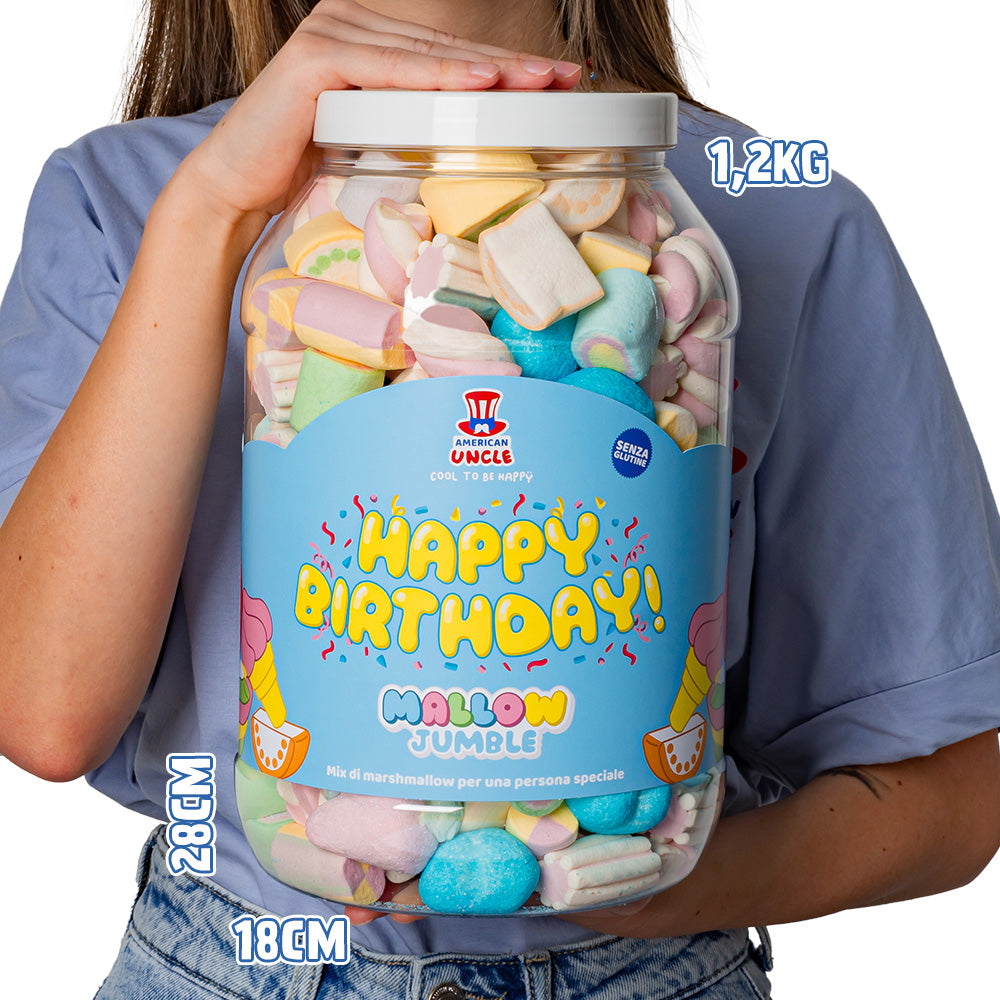 Mallow Jumble “Happy Birthday”, Dose von marshmallow zum Zusammenstellen mit deinen Lieblingsgeschmäckern 