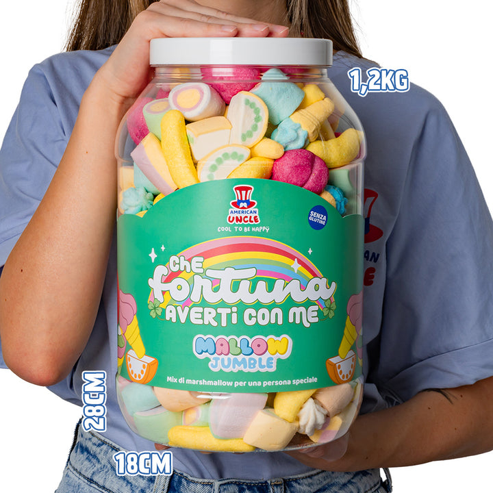 Mallow Jumble “Was für ein Glück, dich bei mir zu haben”, Glas von marshmallow zum Zusammenstellen mit deinen Lieblingsgeschmäckern 