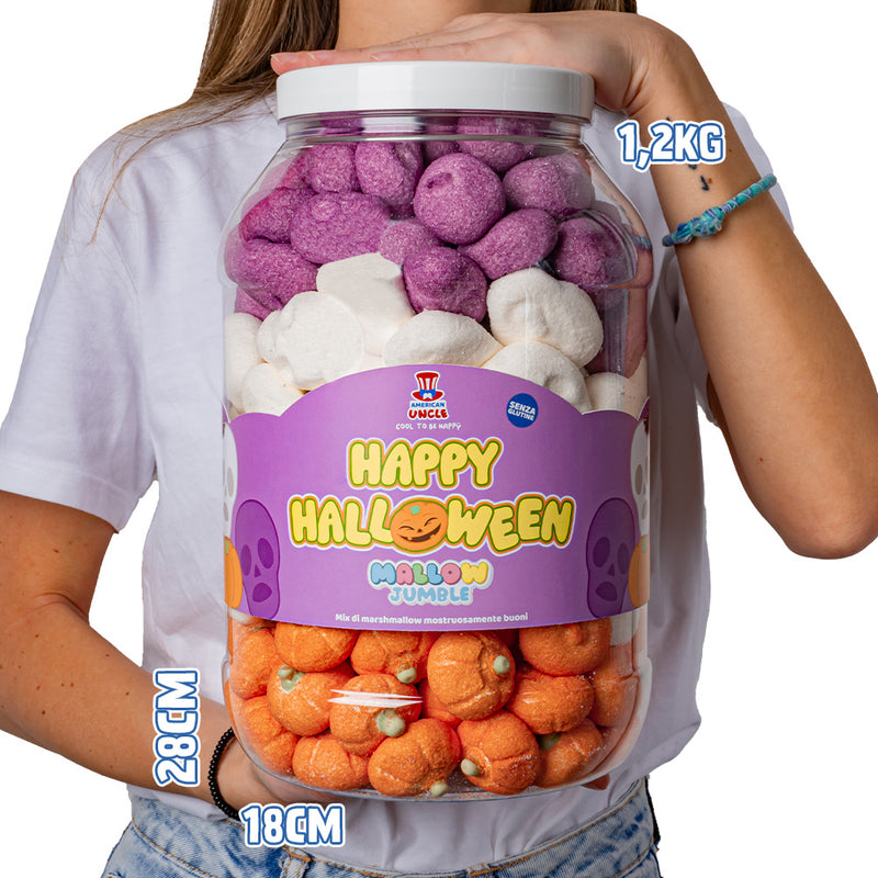 Mallow Jumble "Happy Halloween", Glas mit Marshmallows zum Selberzusammenstellen mit Ihren Lieblingsgeschmacksrichtungen.