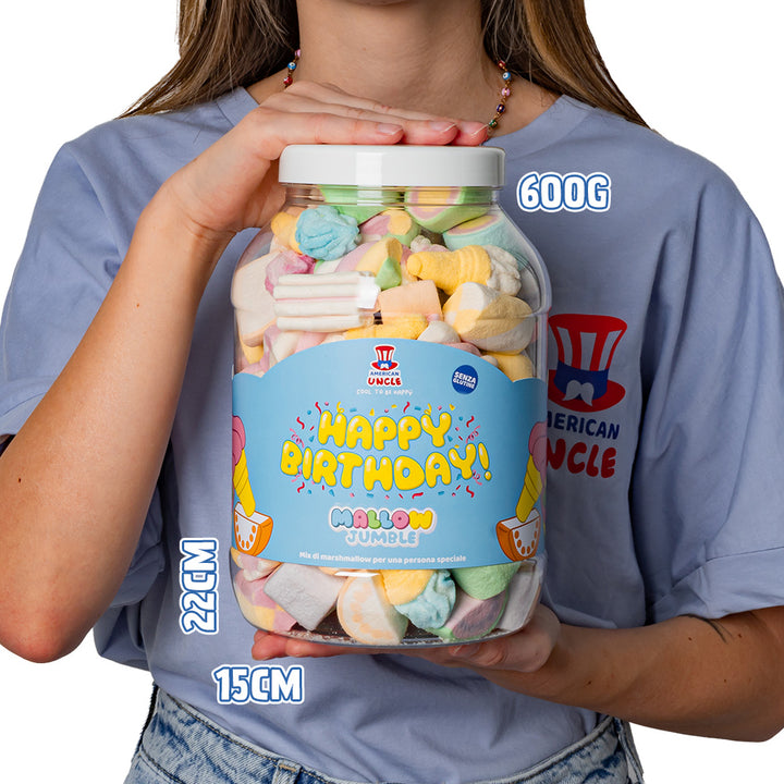 Mallow Jumble “Happy Birthday”, Dose von marshmallow zum Zusammenstellen mit deinen Lieblingsgeschmäckern 