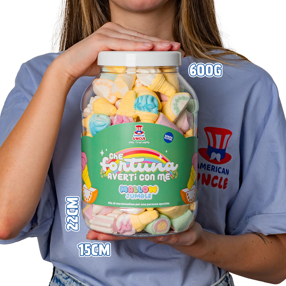 Mallow Jumble “Was für ein Glück, dich bei mir zu haben”, Glas von marshmallow zum Zusammenstellen mit deinen Lieblingsgeschmäckern 