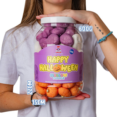 Mallow Jumble "Happy Halloween", Glas mit Marshmallows zum Selberzusammenstellen mit Ihren Lieblingsgeschmacksrichtungen.