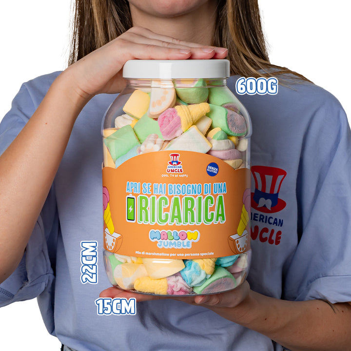 Mallow Jumble "Öffne, wenn du eine Aufladung brauchst", Glas von marshmallow zum Zusammenstellen mit deinen bevorzugten Geschmäckern 