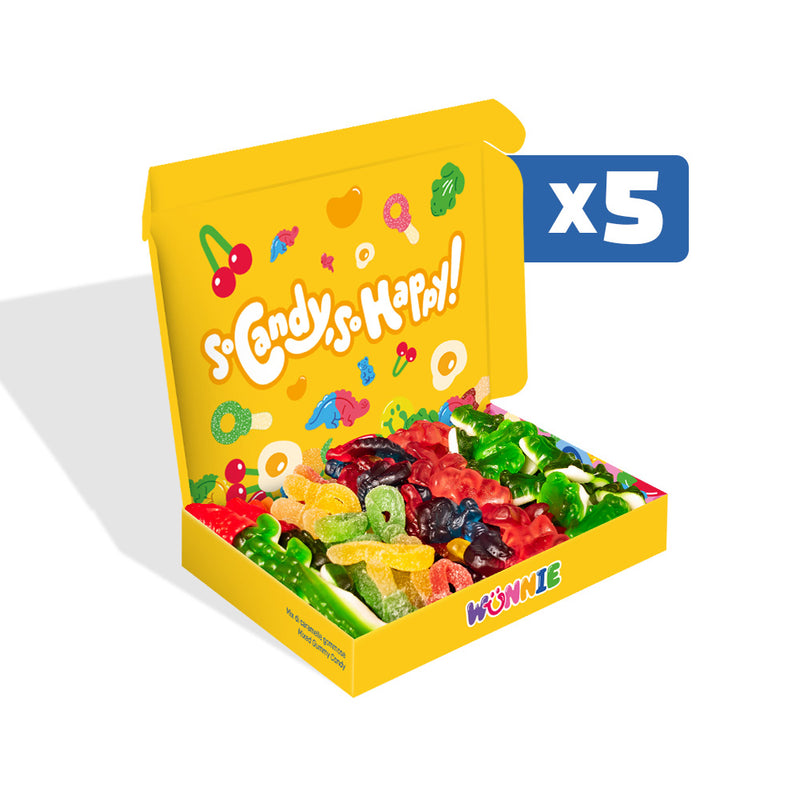 Wunnie box "So Candy, So Happy", 5 Schachteln Gummibonbons in verschiedenen Geschmacksrichtungen à 480g (Wunnie Tage) 