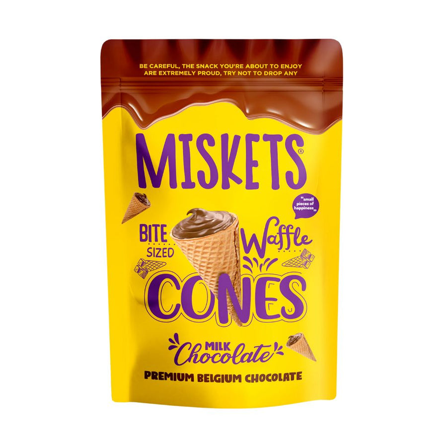 Miskets Cones With Milk Chocolate, coni di cialda con ripieno di cioccolato al latte da 70g.