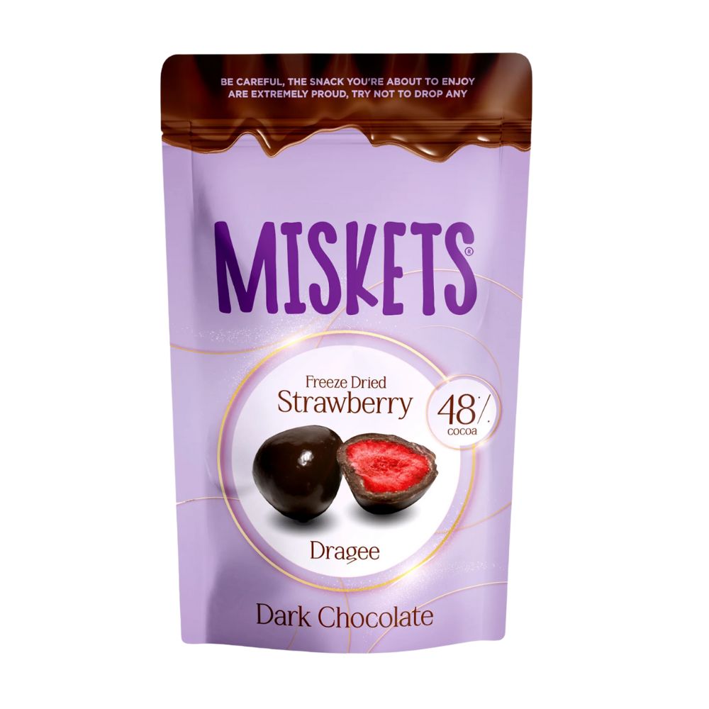 Miskets Freeze Dried Strawberry Dark Chocolate, fragola liofilizzata ricoperti di cioccolato fondente da 80g.