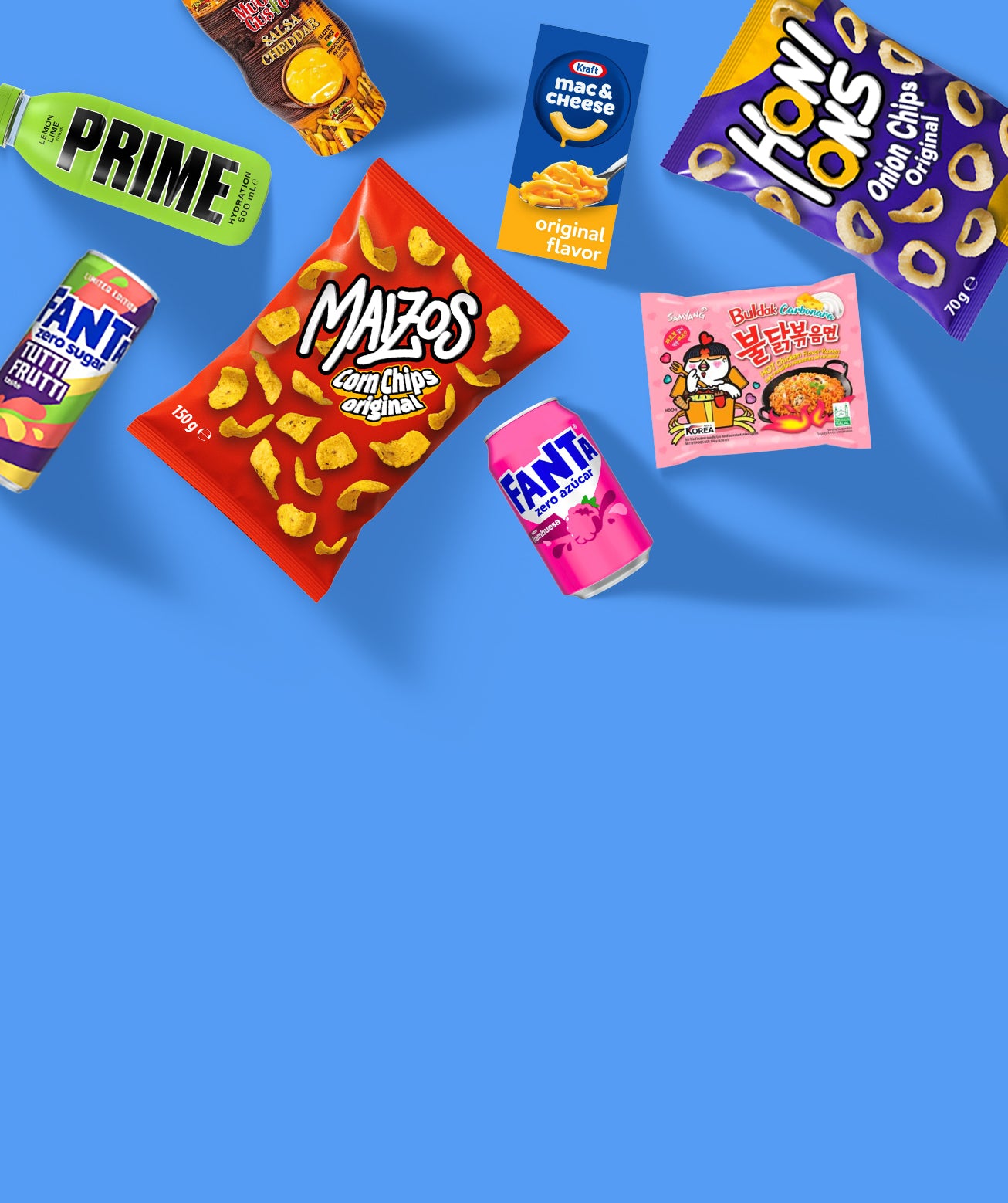 Banner di prodotti misti tra salato, bevande e dolci