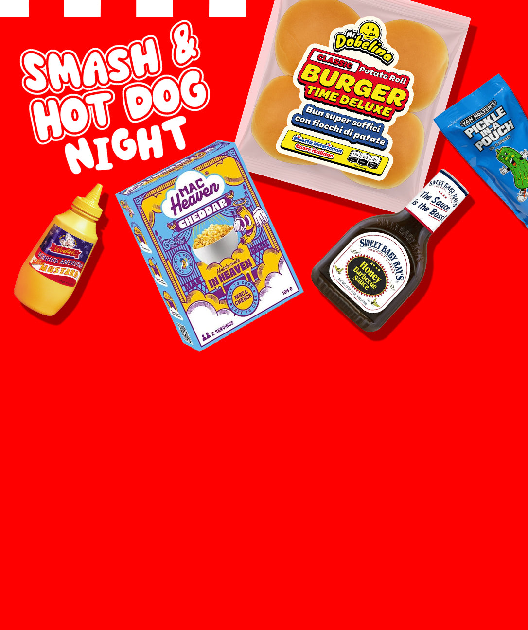 Banner Smash and Hot Dog Night con prodotti come panini, cetrioli e salse
