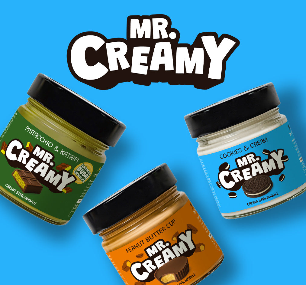 3 barattoli di creme spalmabili Mr Cremy nei gusti Dubai chocolate, burro d'arachidi e cookies and cream