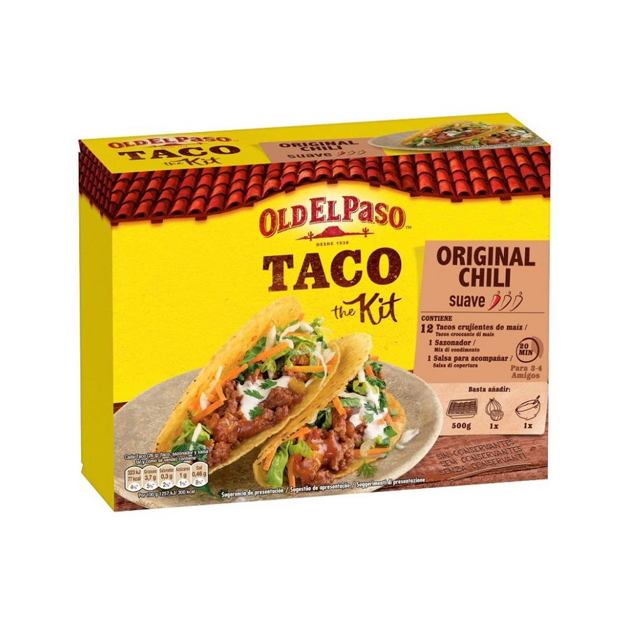 Confezione da 308g, conchiglie di farina di mais con salsa di pomodoro e mix di condimento per Taco Old El Paso.