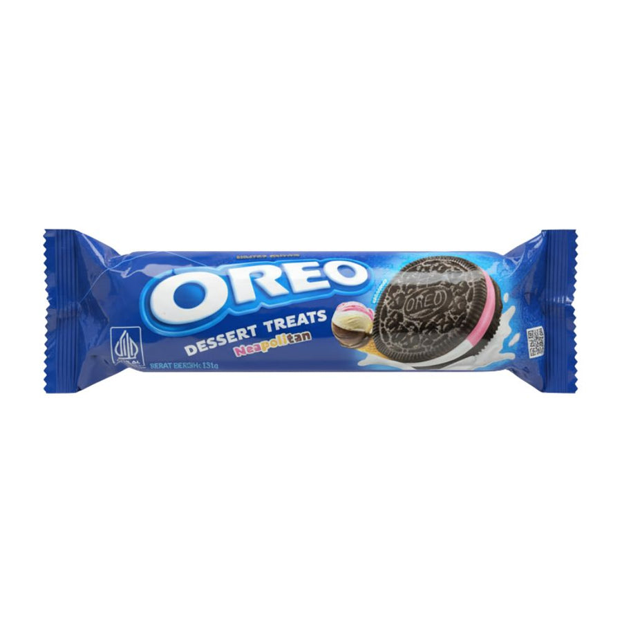 Oreo Dessert Treats Neapolitan Limited Edition, Kekse mit Vanille-, Erdbeer- und Schokoladencreme-Geschmack, 131g.