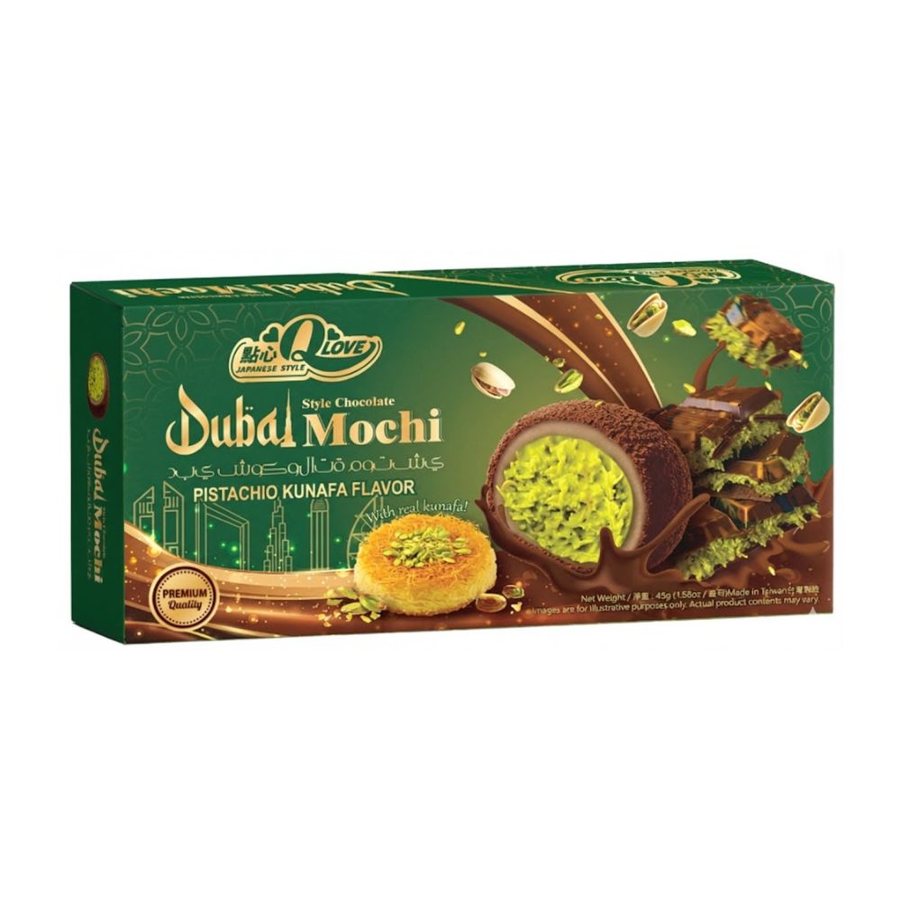 QLove Dubai Mochi, mochi al gusto di pistacchio e kunafa da 45g.