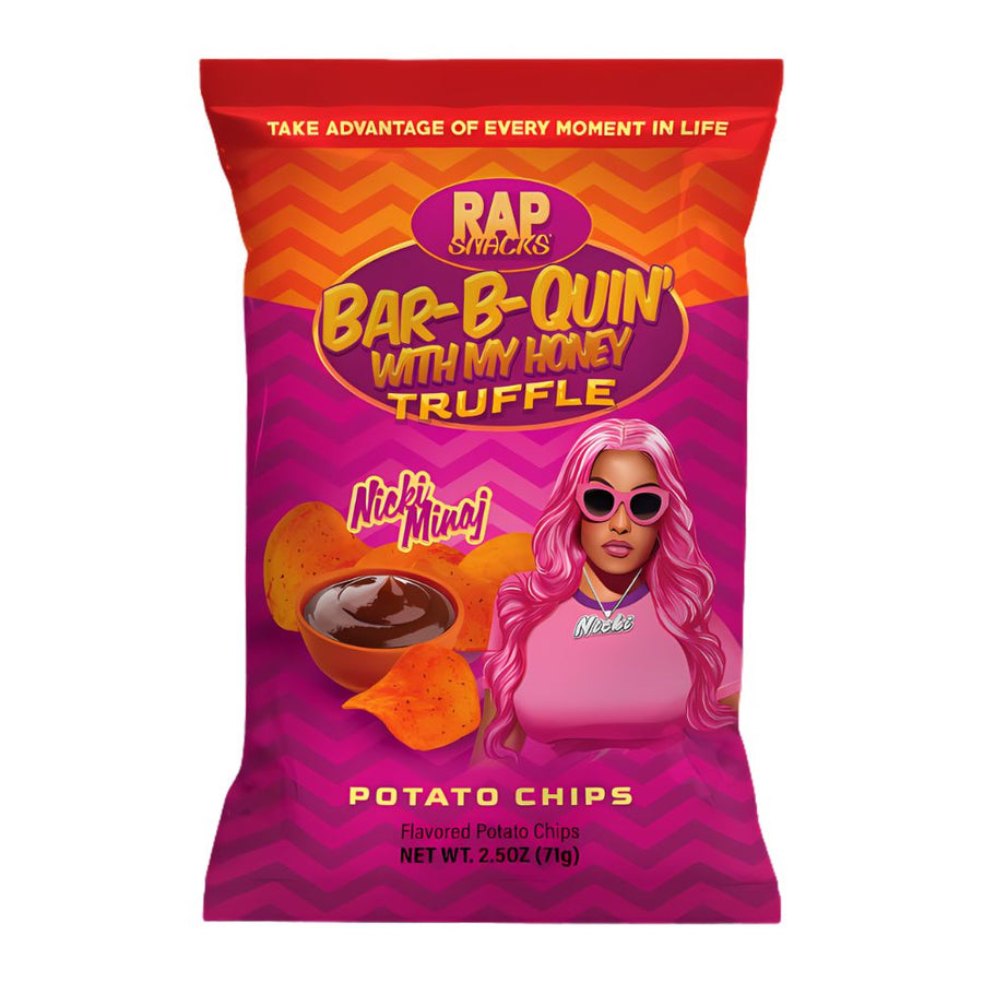 Confezione da 71g, patatine al gusto di BBQ e miele al tartufo Rap Snacks.