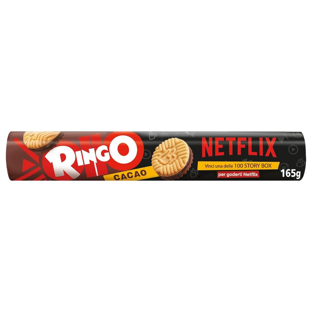 Confezione da 165g biscotti farciti con crema al gusto di cacao Ringo.