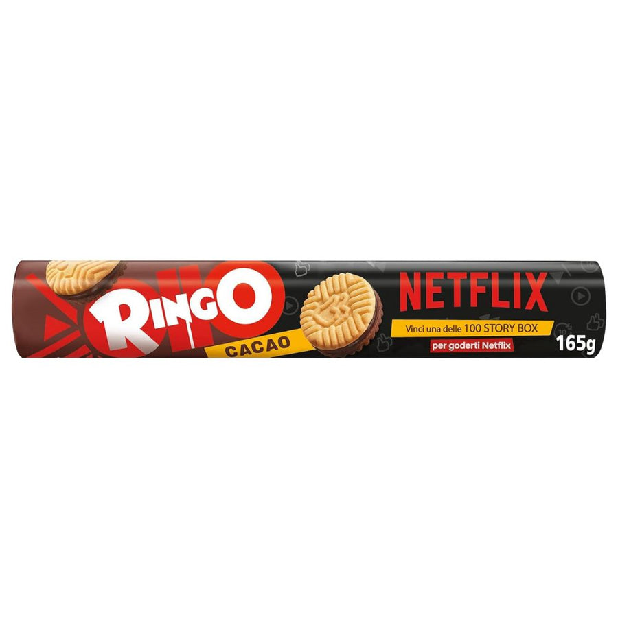 Confezione da 165g biscotti farciti con crema al gusto di cacao Ringo.