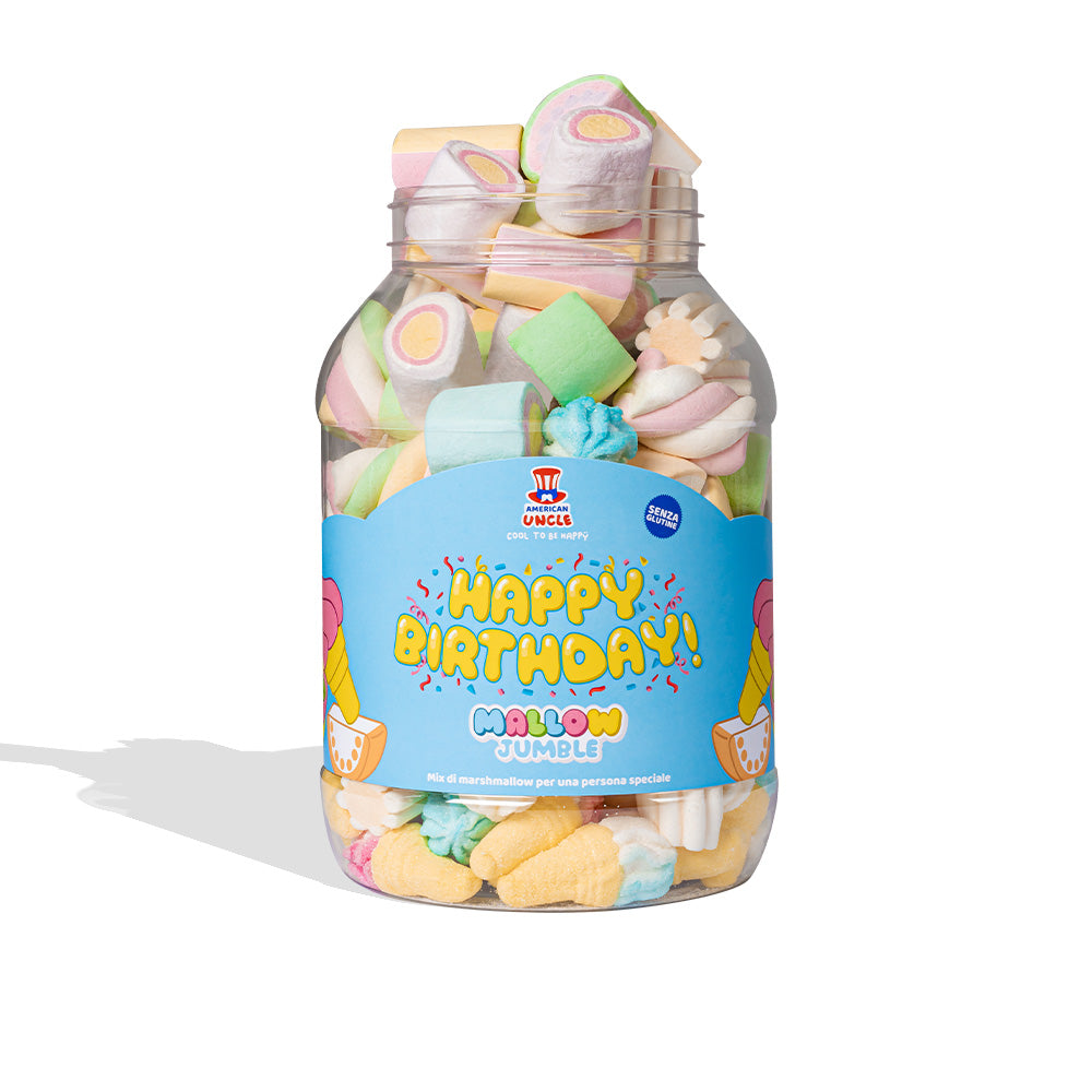 Mallow Jumble “Happy Birthday”, Dose von marshmallow zum Zusammenstellen mit deinen Lieblingsgeschmäckern 