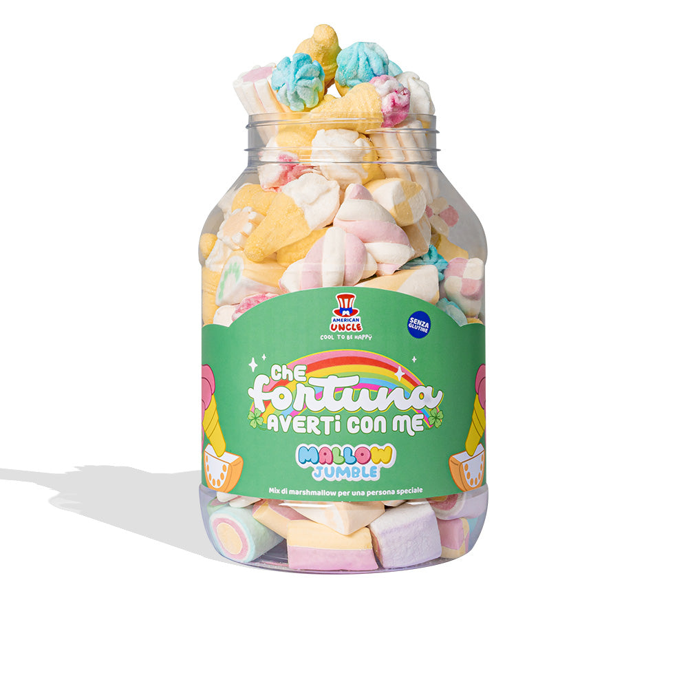 Mallow Jumble “Was für ein Glück, dich bei mir zu haben”, Glas von marshmallow zum Zusammenstellen mit deinen Lieblingsgeschmäckern 
