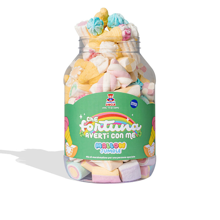 Mallow Jumble “Was für ein Glück, dich bei mir zu haben”, Glas von marshmallow zum Zusammenstellen mit deinen Lieblingsgeschmäckern 