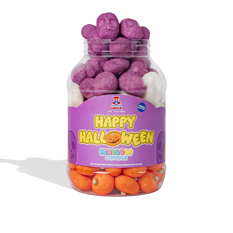 Mallow Jumble "Happy Halloween", Glas mit Marshmallows zum Selberzusammenstellen mit Ihren Lieblingsgeschmacksrichtungen.