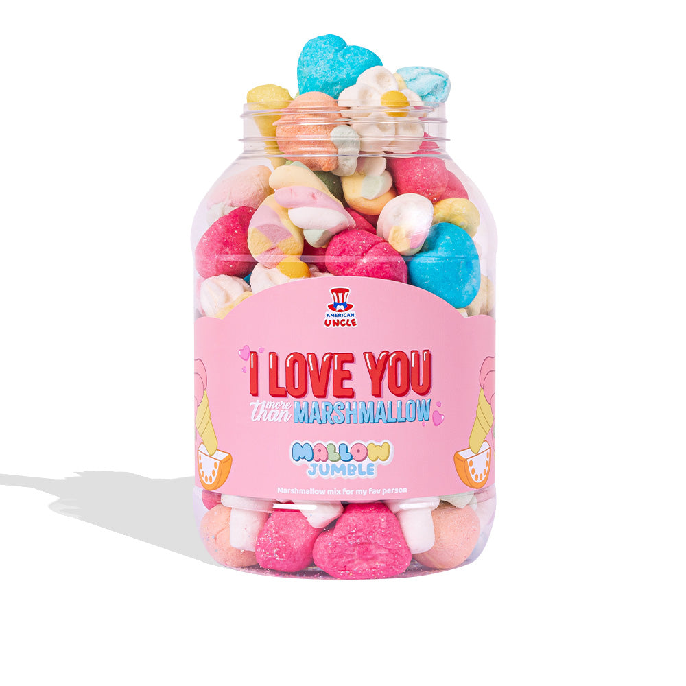 Mallow Jumble “Ich liebe dich mehr als marshmallow”, Glas von marshmallow zum Zusammenstellen mit deinen Lieblingsgeschmäckern 