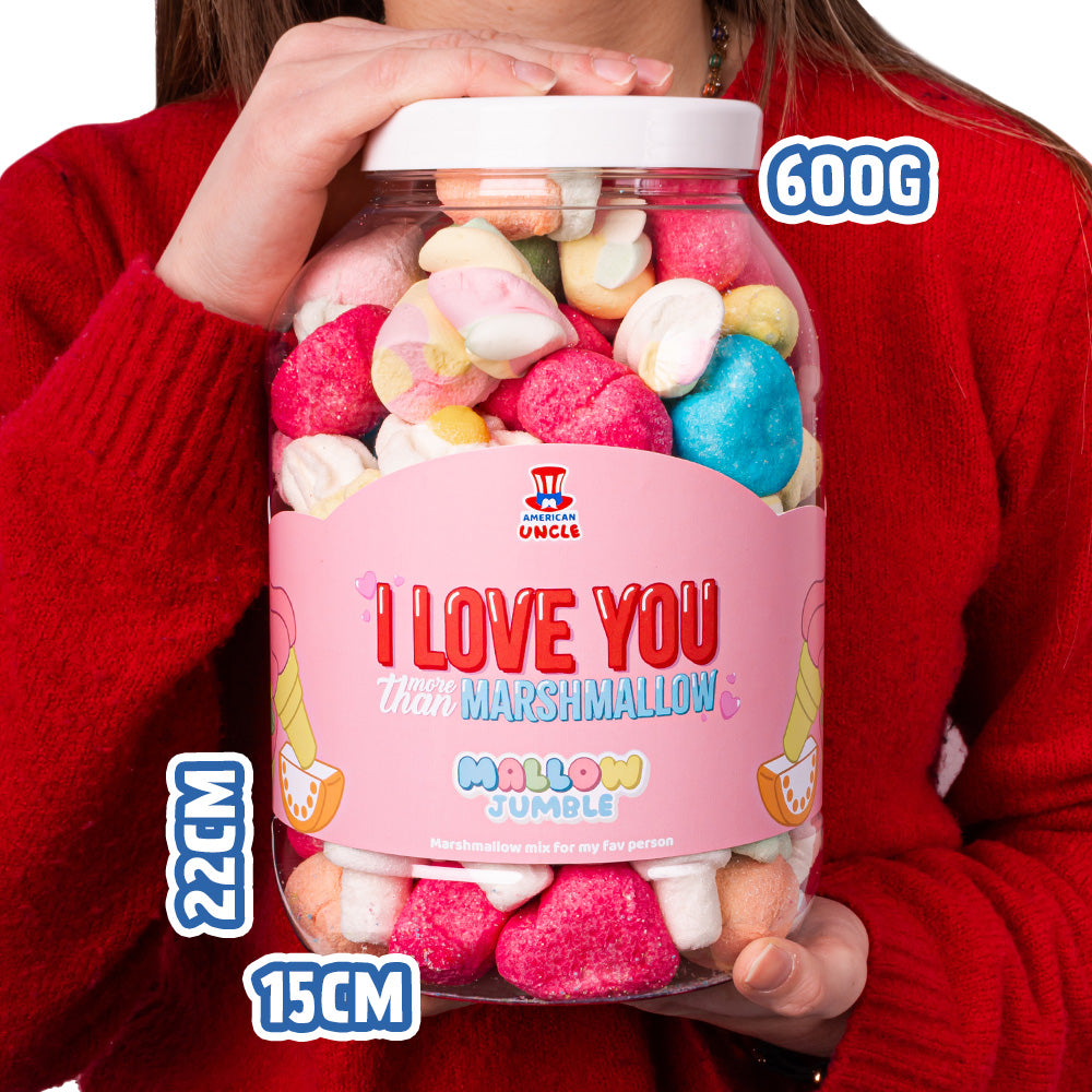 Mallow Jumble “Ich liebe dich mehr als marshmallow”, Glas von marshmallow zum Zusammenstellen mit deinen Lieblingsgeschmäckern 